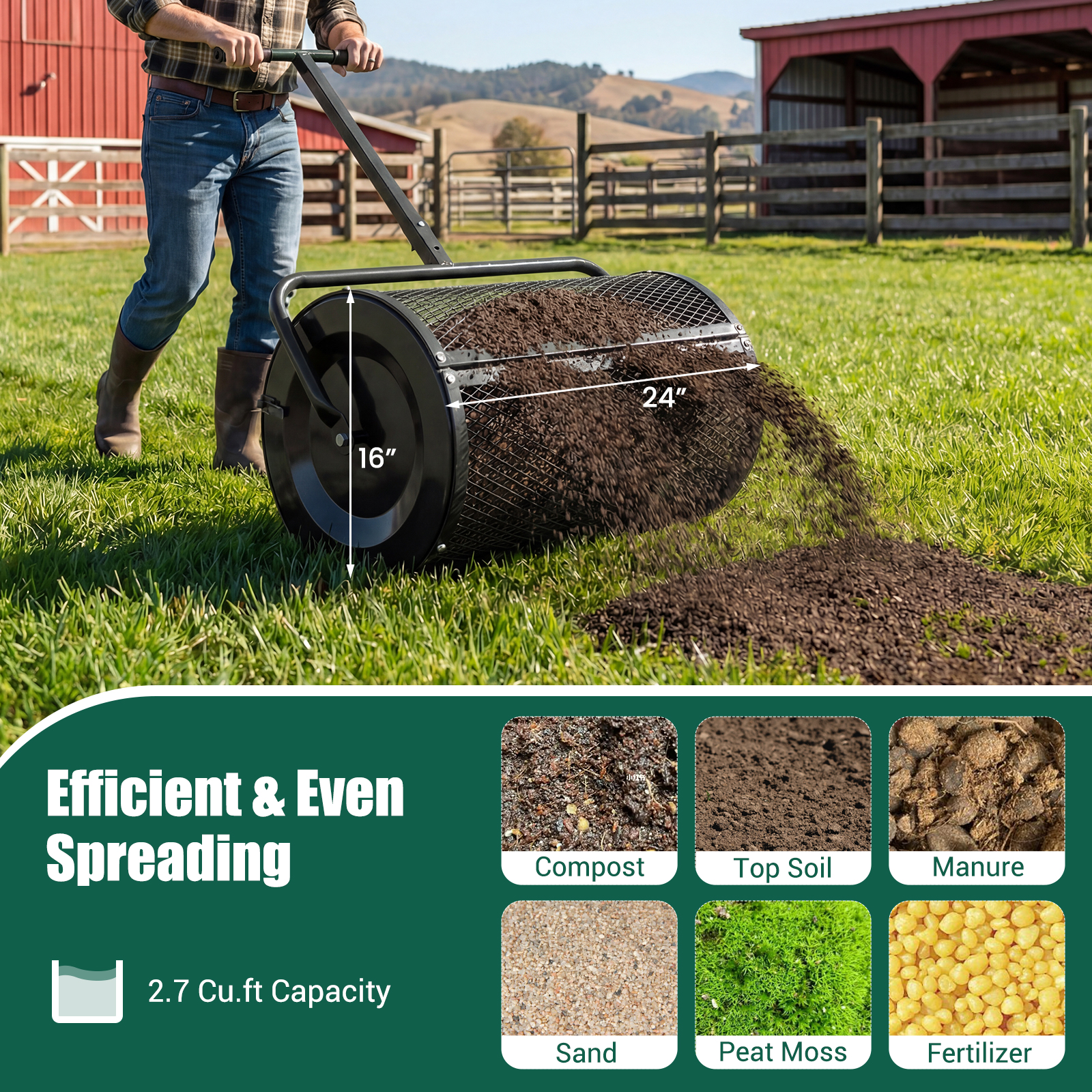 Compost Spreader,Peat Moss Spreader Roller w/Height-adjustable T-shape Handle