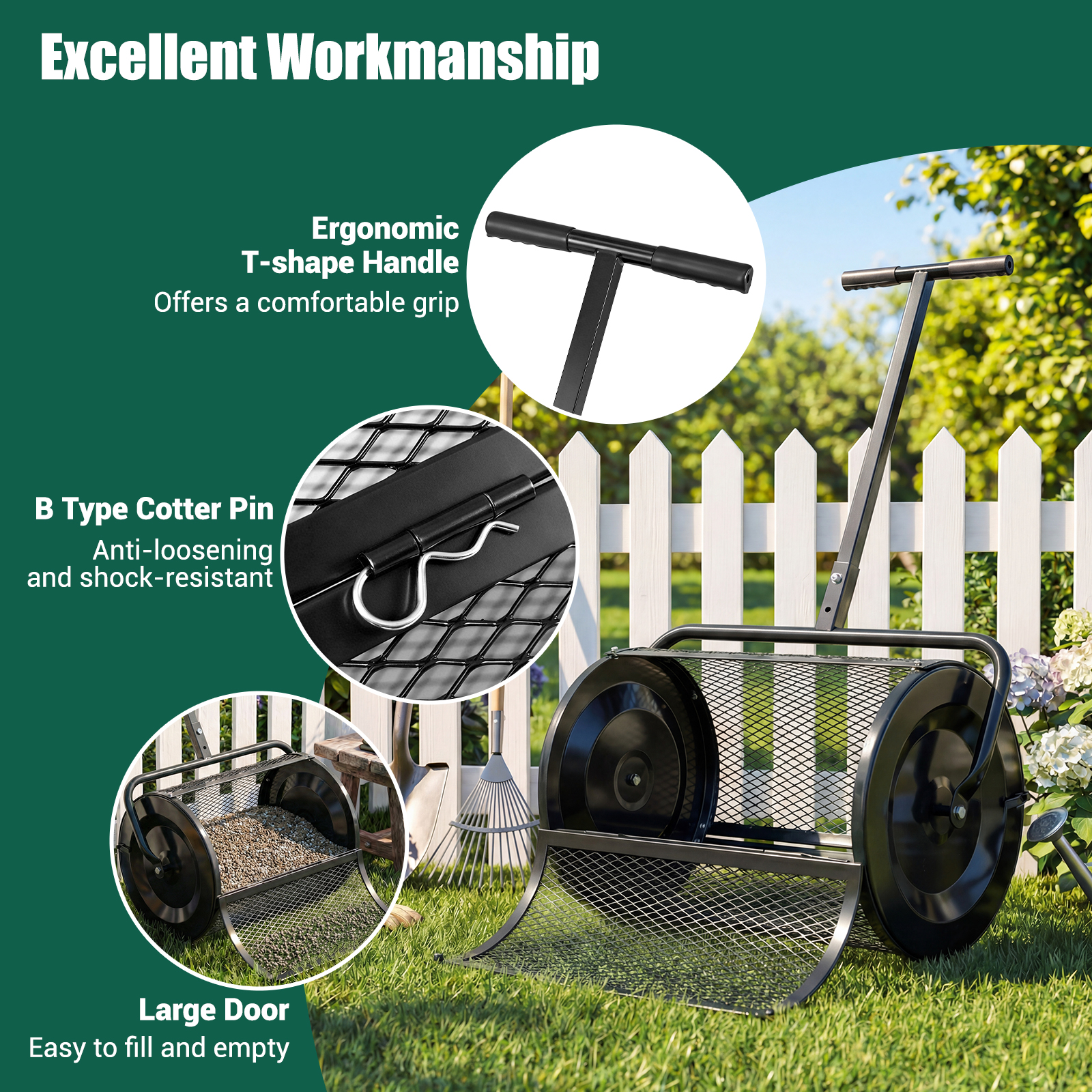 Compost Spreader,Peat Moss Spreader Roller w/Height-adjustable T-shape Handle