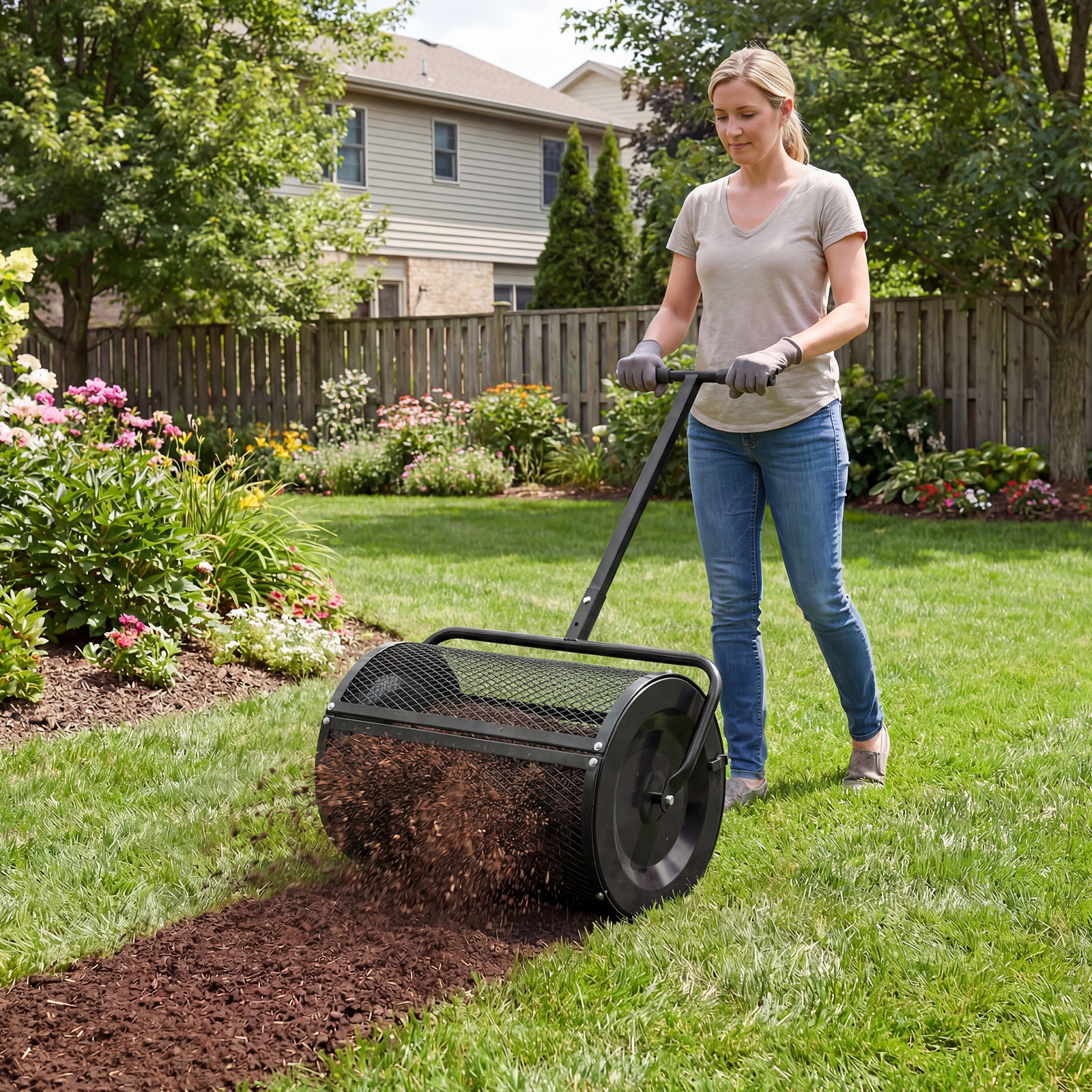 Compost Spreader,Peat Moss Spreader Roller w/Height-adjustable T-shape Handle