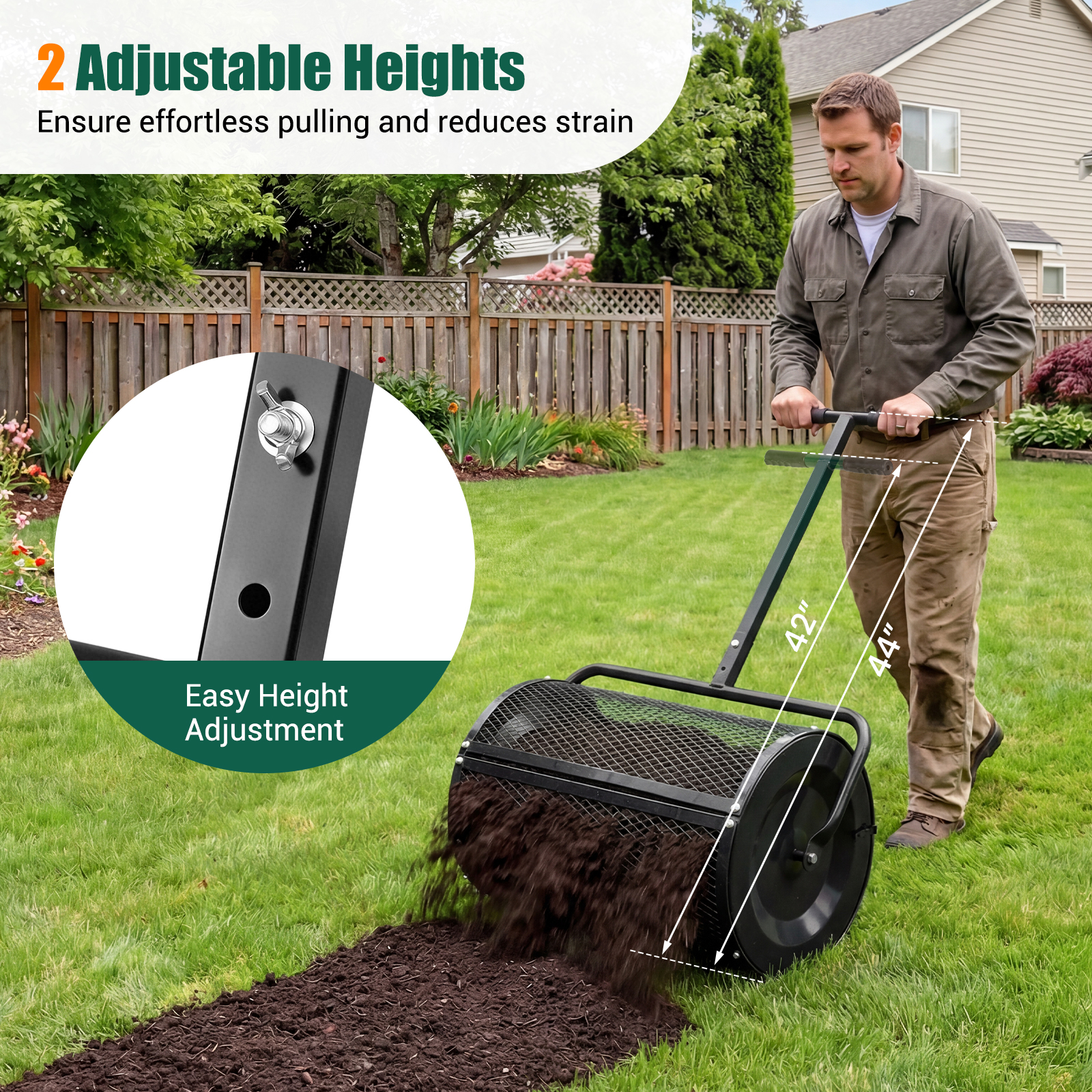 Compost Spreader,Peat Moss Spreader Roller w/Height-adjustable T-shape Handle