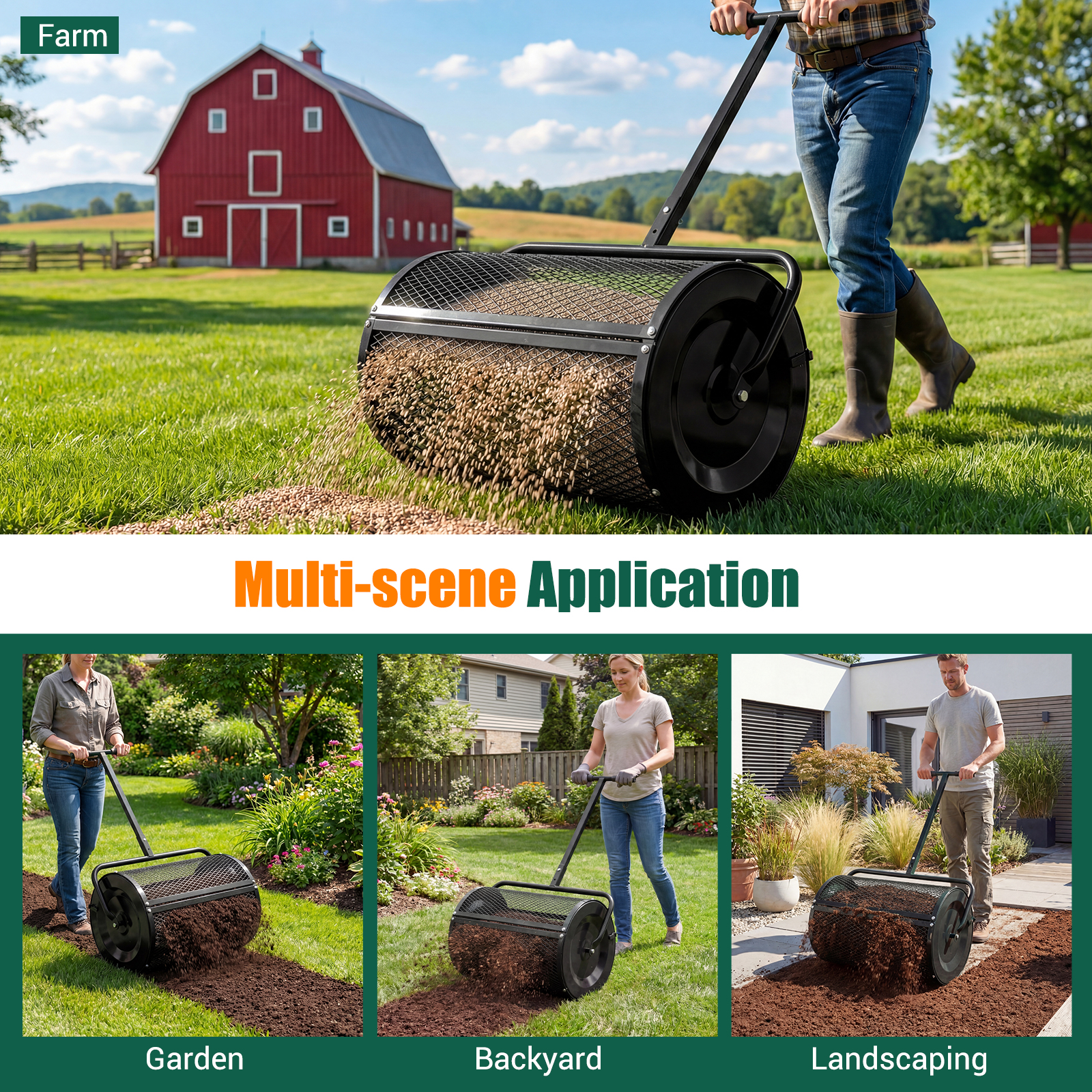 Compost Spreader,Peat Moss Spreader Roller w/Height-adjustable T-shape Handle