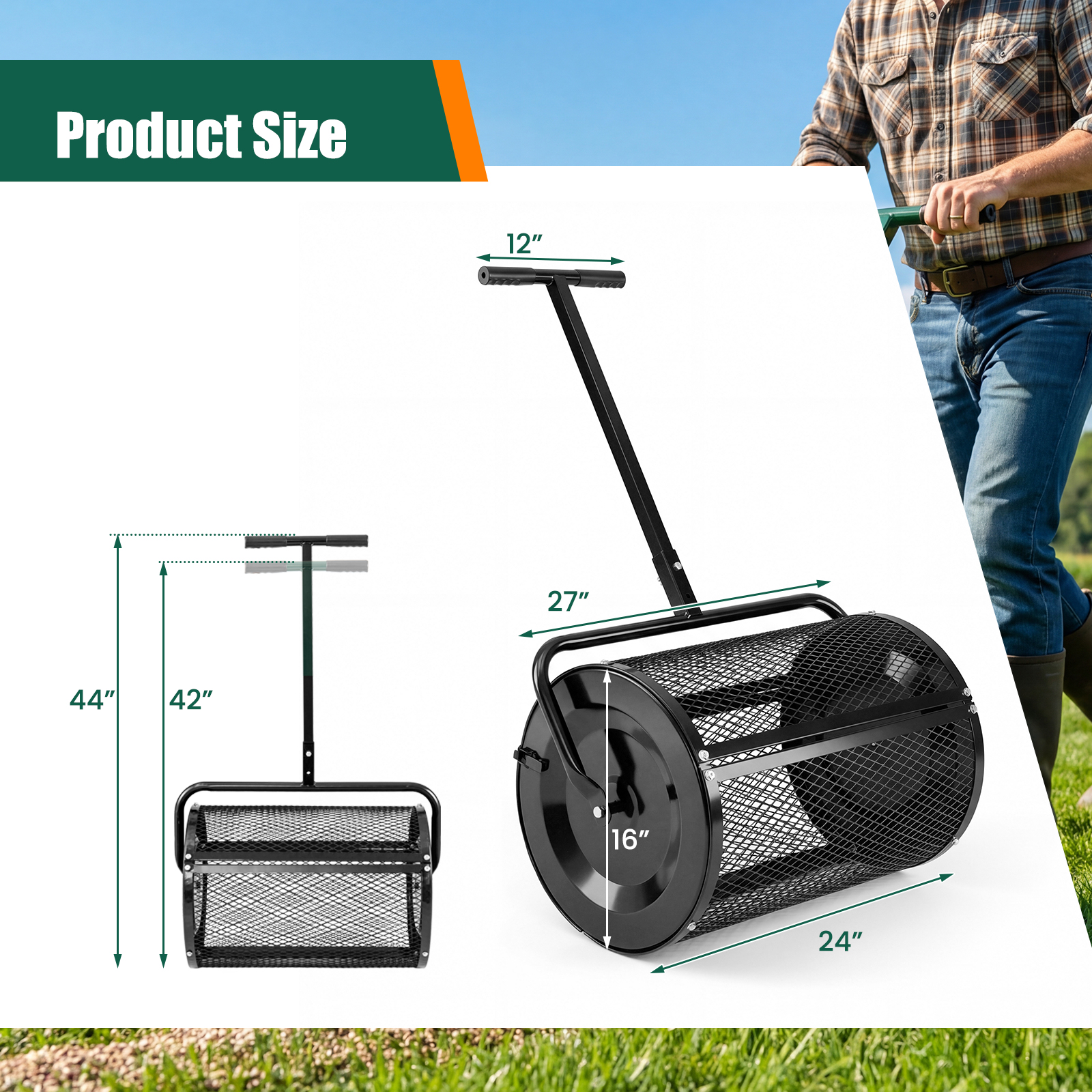 Compost Spreader,Peat Moss Spreader Roller w/Height-adjustable T-shape Handle