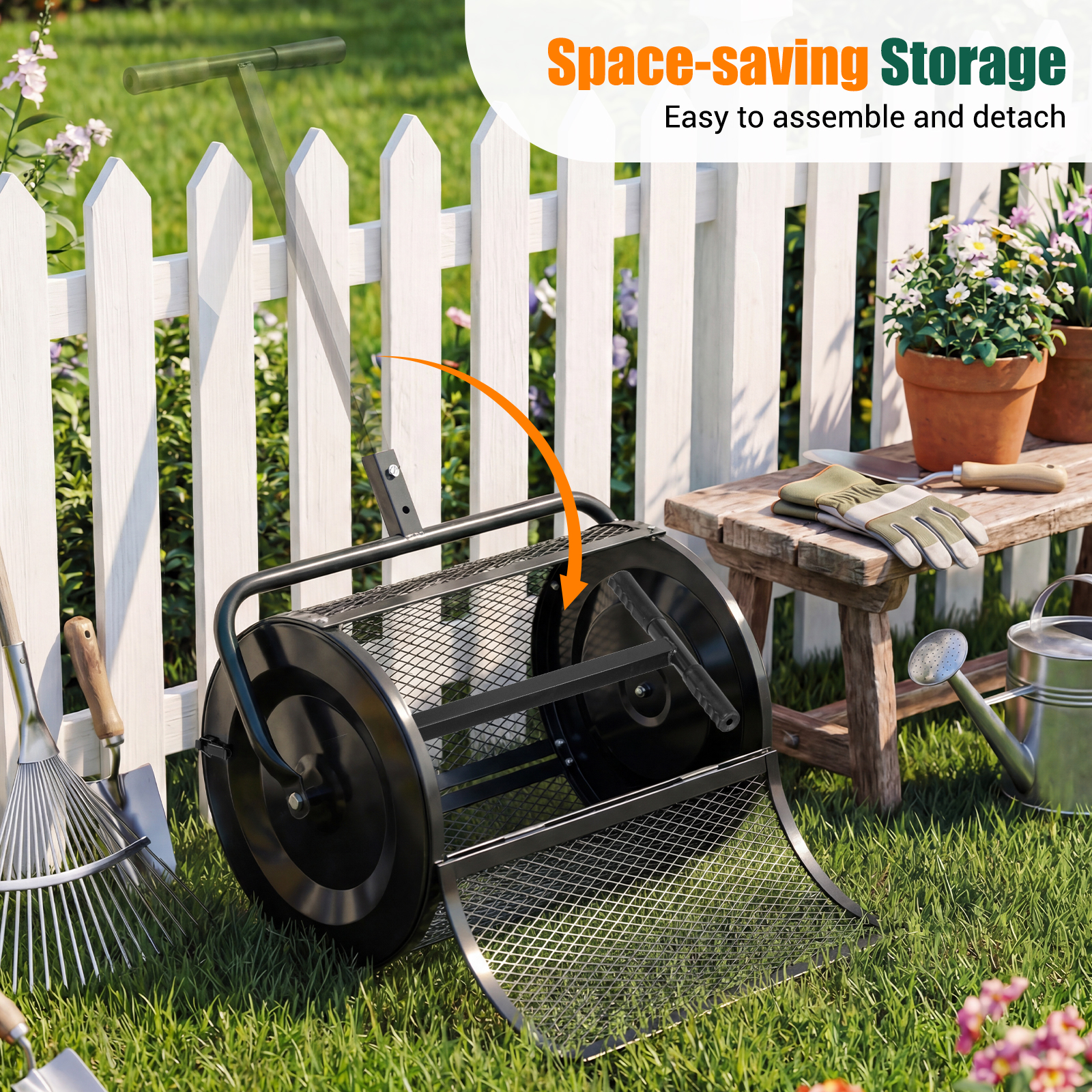 Compost Spreader,Peat Moss Spreader Roller w/Height-adjustable T-shape Handle