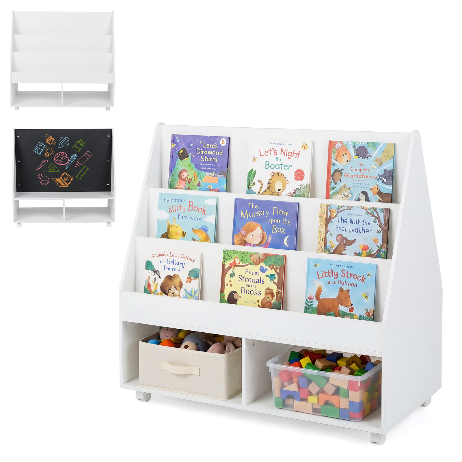 Double-Sided Kids Bookshelf Wooden Toddler Book Shelf on Wheels with Chalkboard