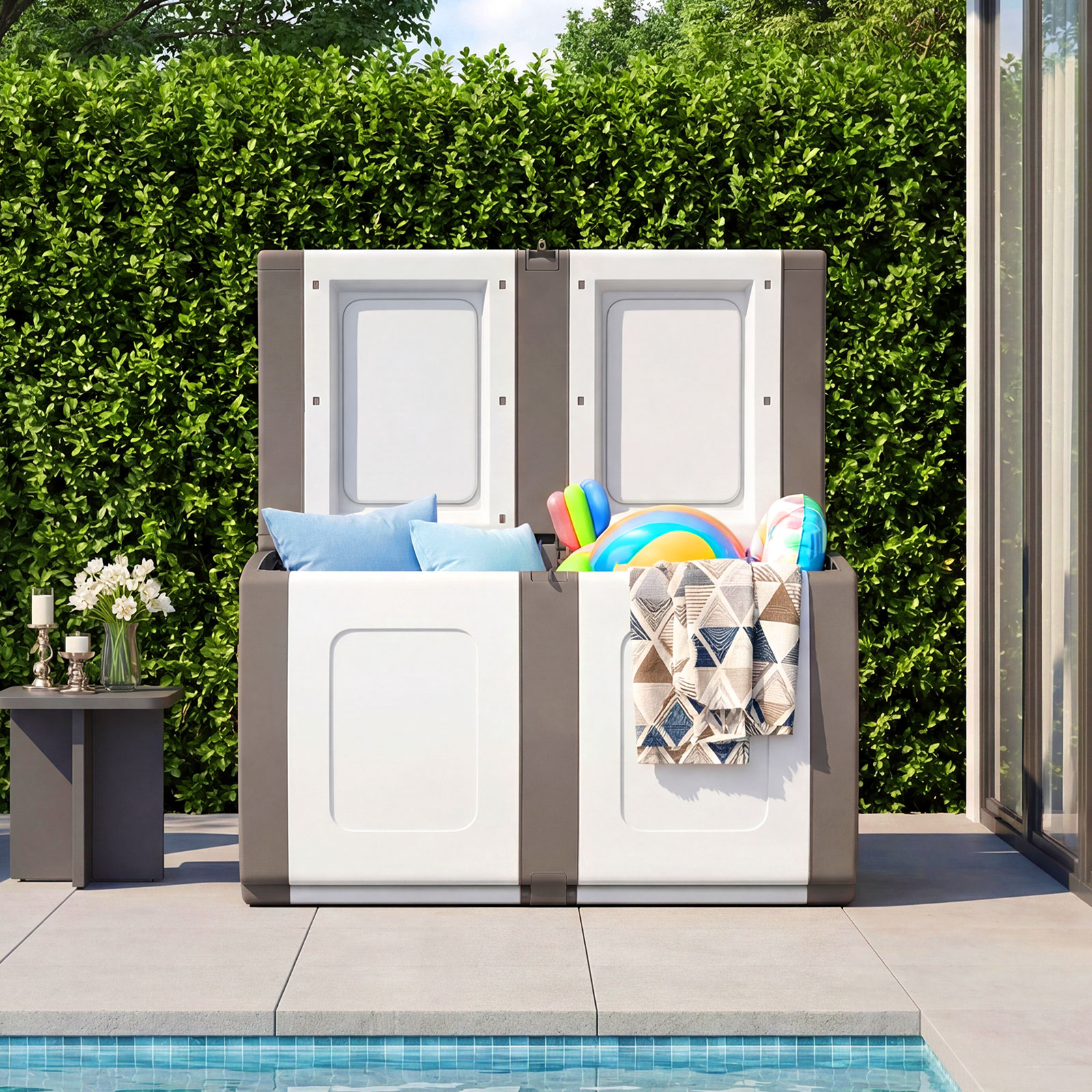 Deck Box,Patio Container with Lockable Lid, Weatherproof Plastic Storage Bin