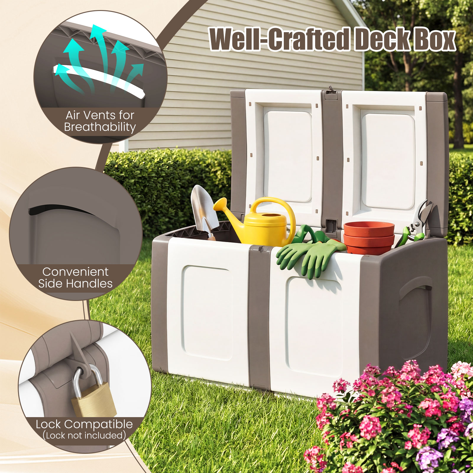 Deck Box,Patio Container with Lockable Lid, Weatherproof Plastic Storage Bin