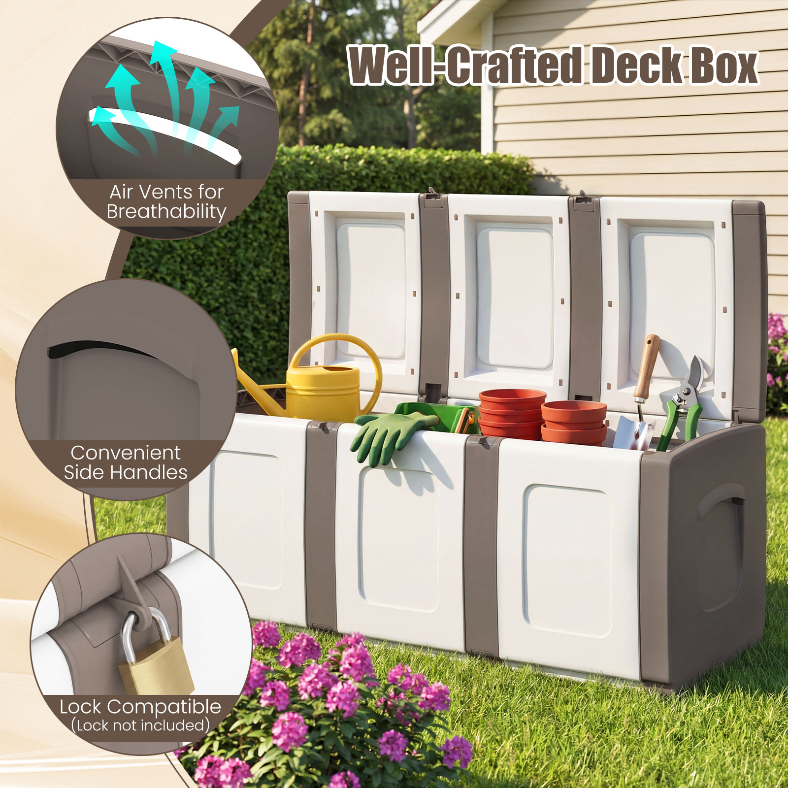 Deck Box,Patio Container with Lockable Lid, Weatherproof Plastic Storage Bin