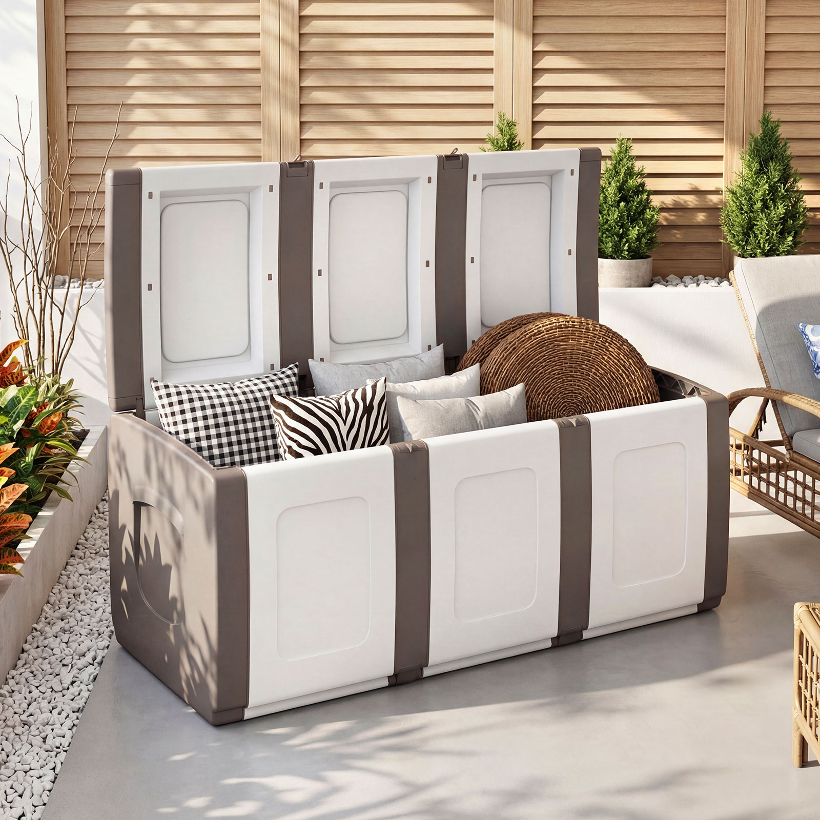 Deck Box,Patio Container with Lockable Lid, Weatherproof Plastic Storage Bin