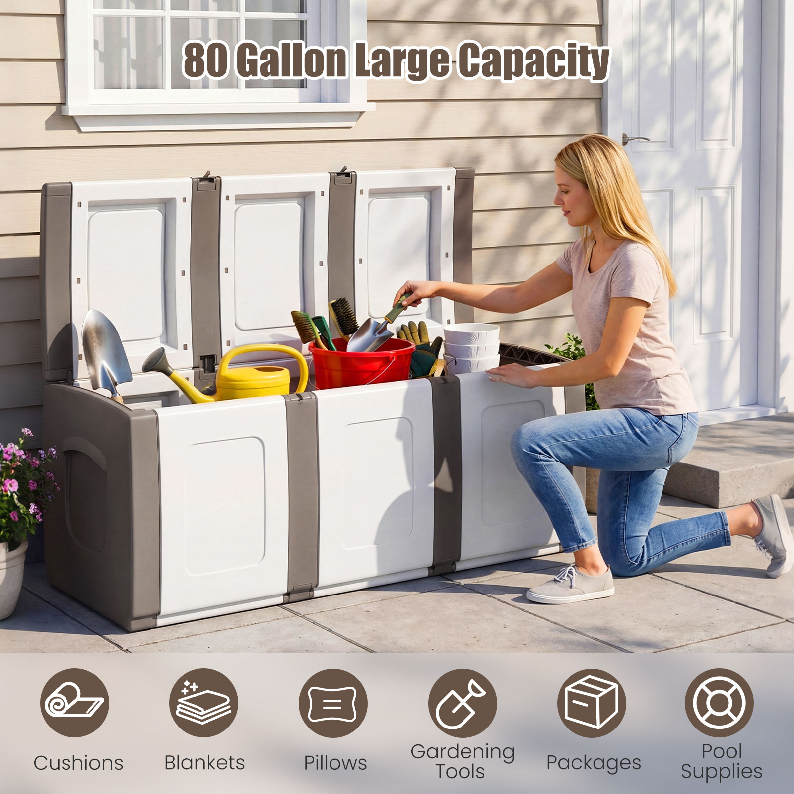 Deck Box,Patio Container with Lockable Lid, Weatherproof Plastic Storage Bin