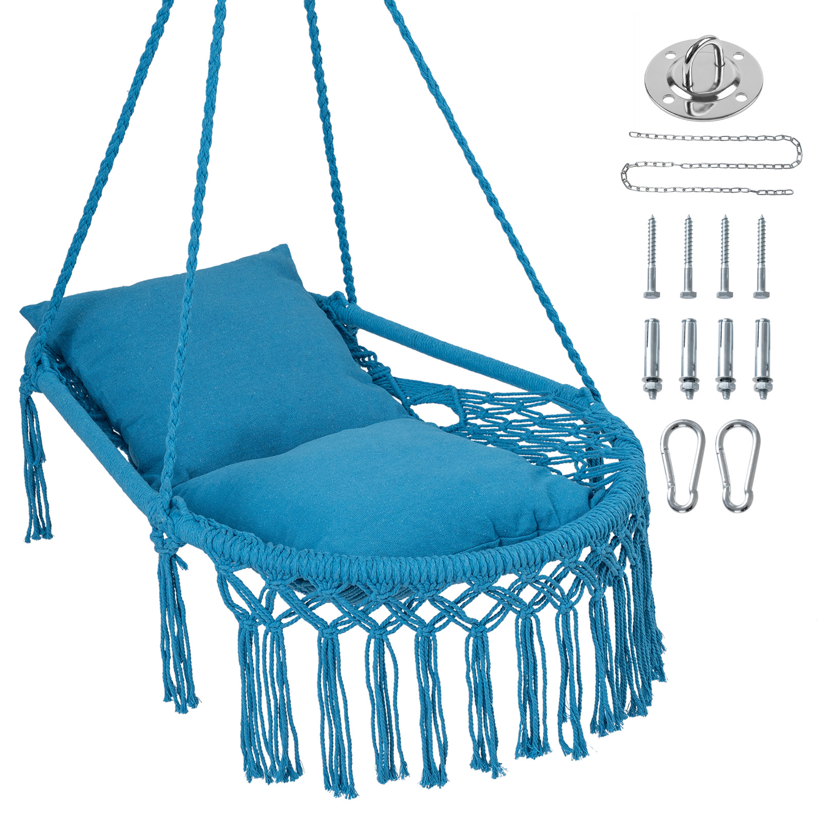 Macrame Swing Chair w/2 Removable Cushions, Enduring Polyester Cotton Ropes
