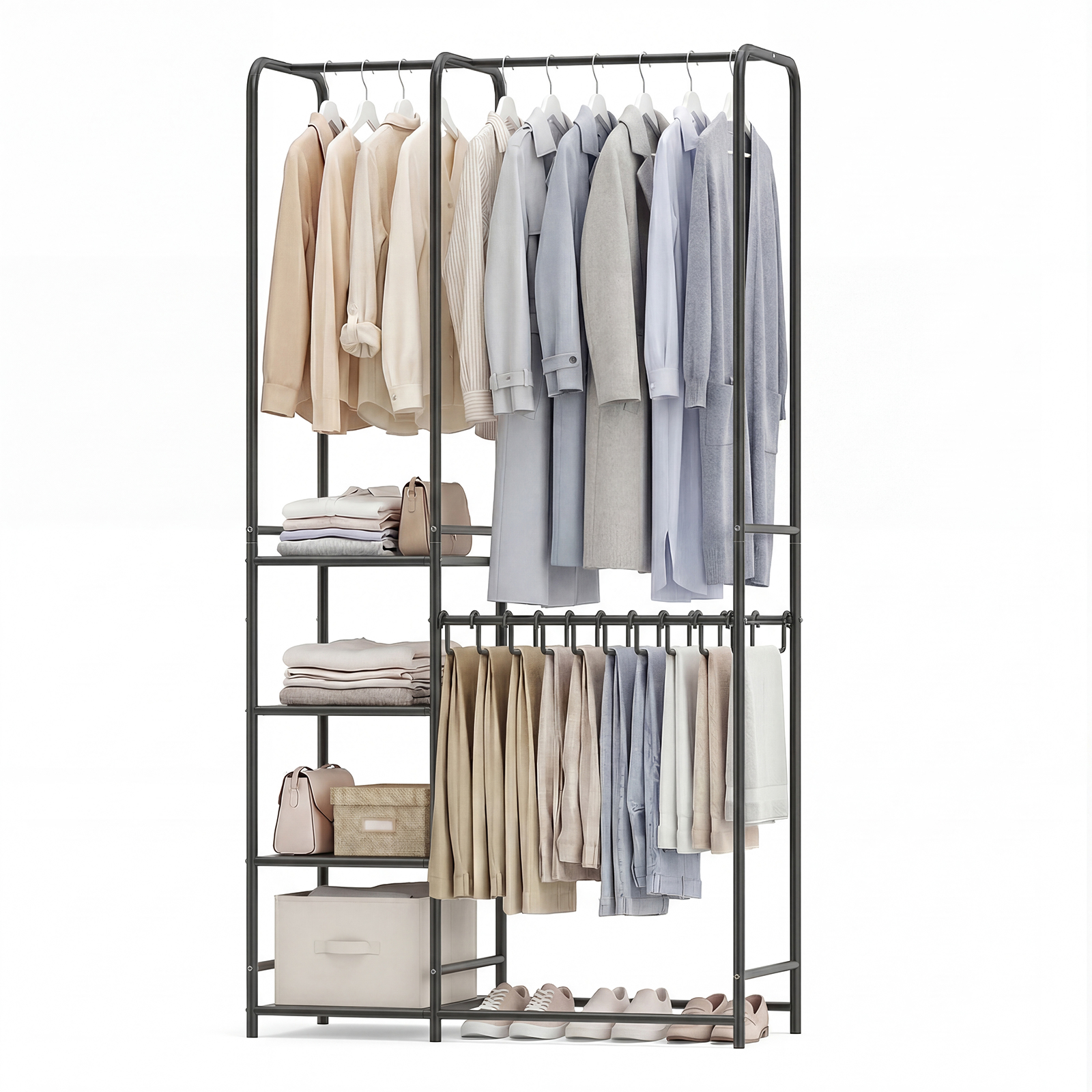 Portable Closet w/Pants Hangers, 2 Hanging Rods, 4 Storage Shelves for Bedroom