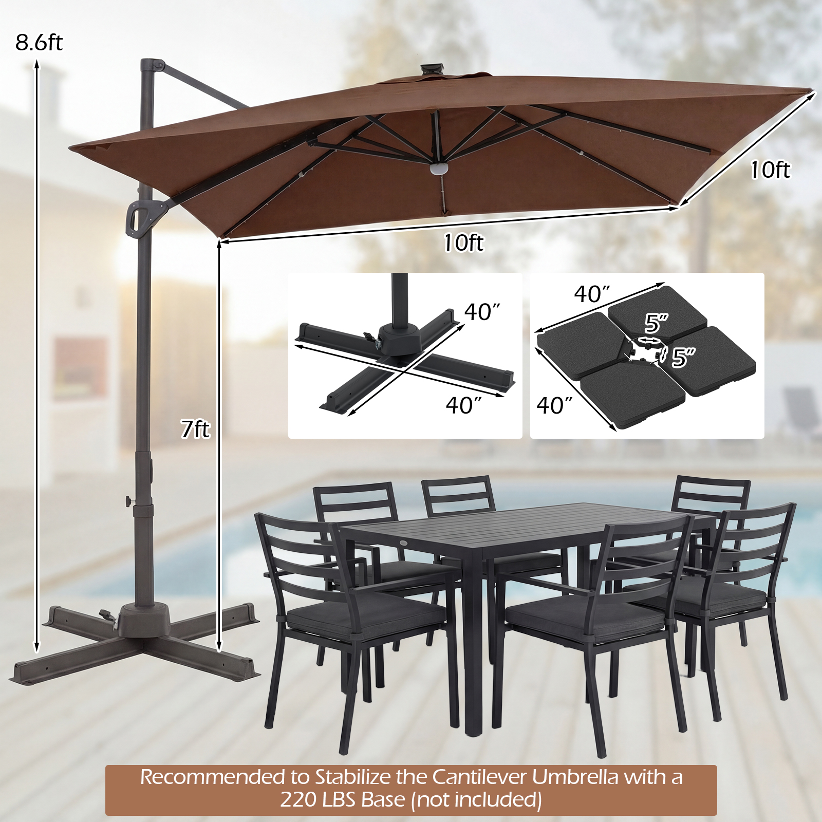 7ft patio umbrella with solar lights 7.5 ft Solar-Powered LED  grillncomfort which powers the lights along the umbrella ribs for hours without the need for electricity Cantilever Patio Umbrella w/ Solar