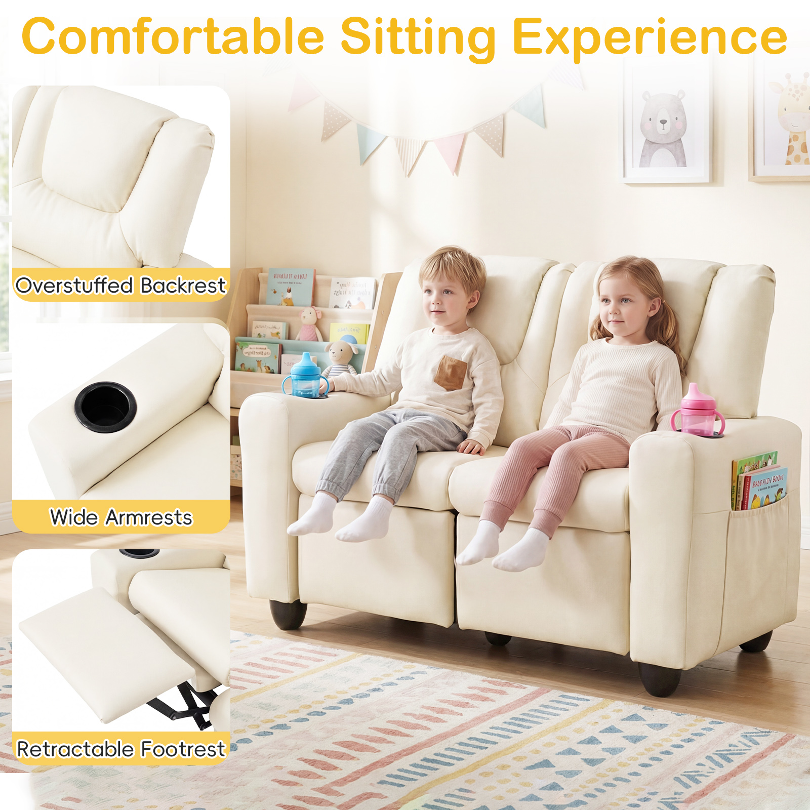2-Seater Kids Recliner w/Cup Holders Side Storage Pockets Adjustable Backrest