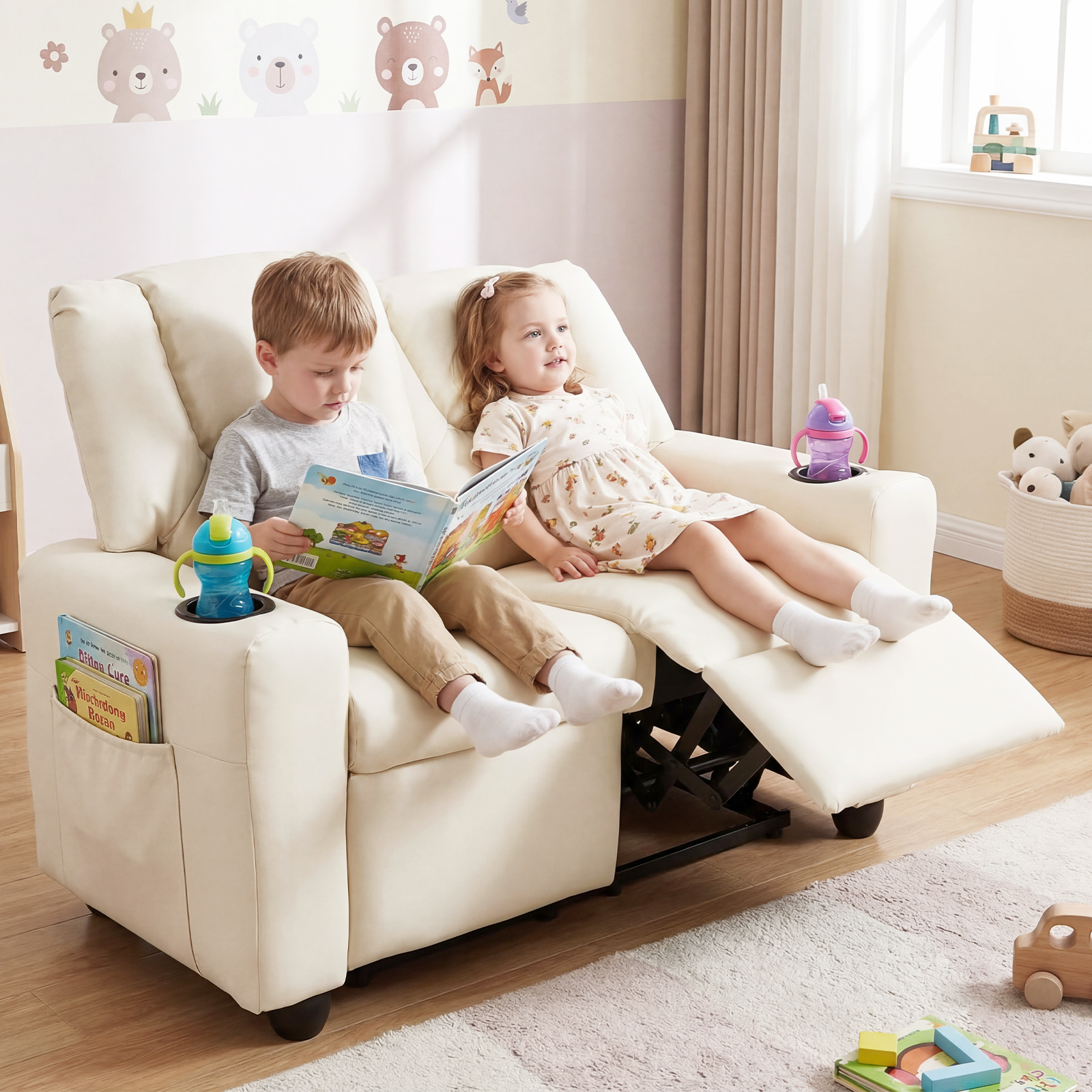 2-Seater Kids Recliner w/Cup Holders Side Storage Pockets Adjustable Backrest