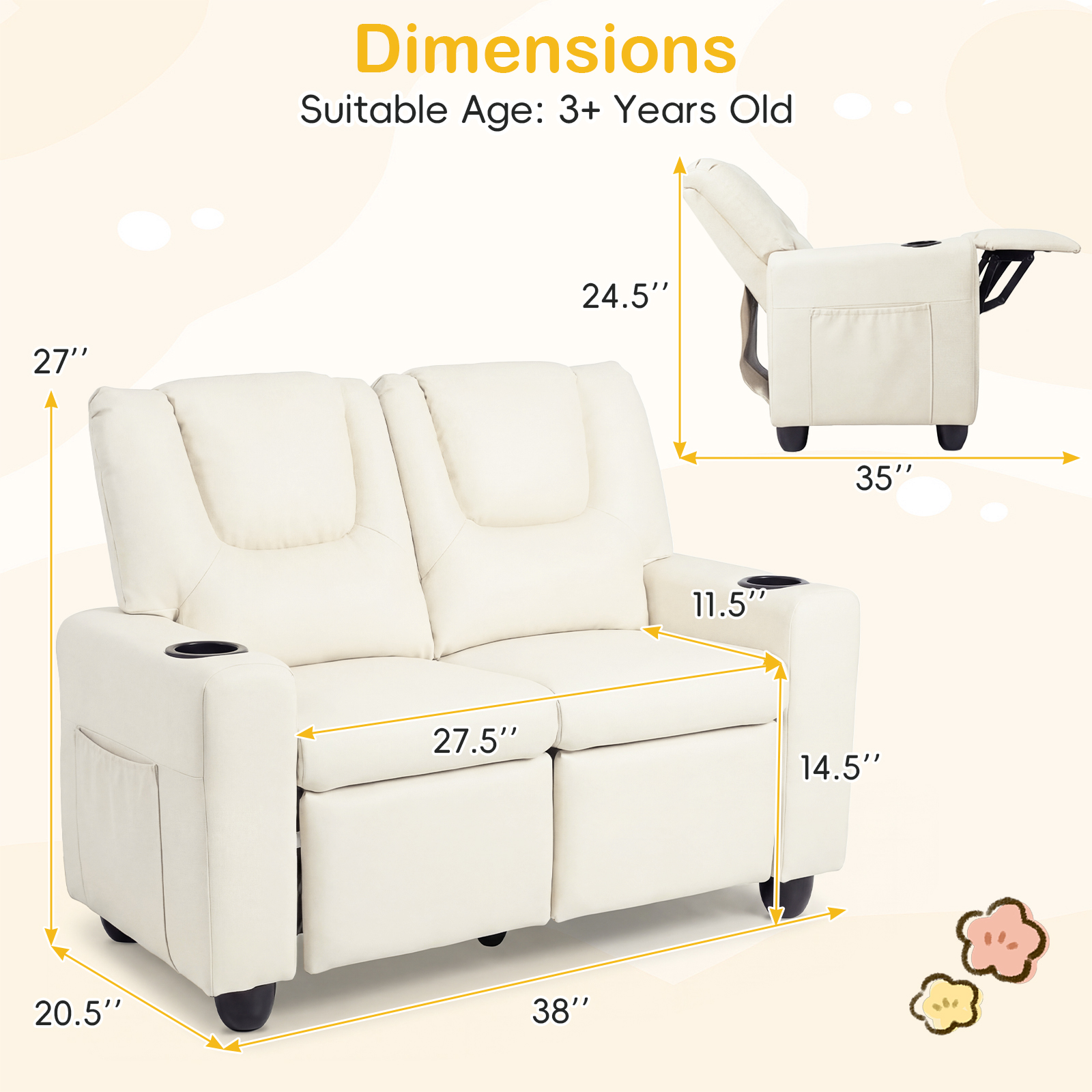 2-Seater Kids Recliner w/Cup Holders Side Storage Pockets Adjustable Backrest