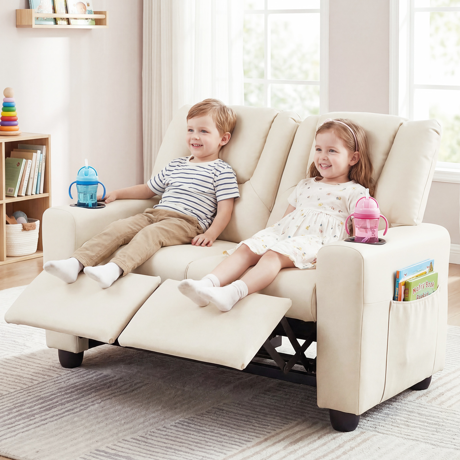 2-Seater Kids Recliner w/Cup Holders Side Storage Pockets Adjustable Backrest