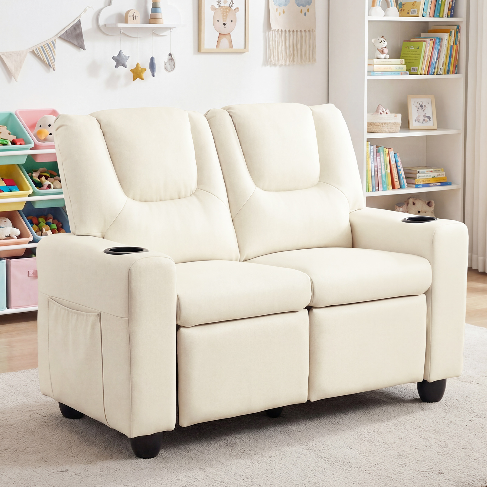 2-Seater Kids Recliner w/Cup Holders Side Storage Pockets Adjustable Backrest
