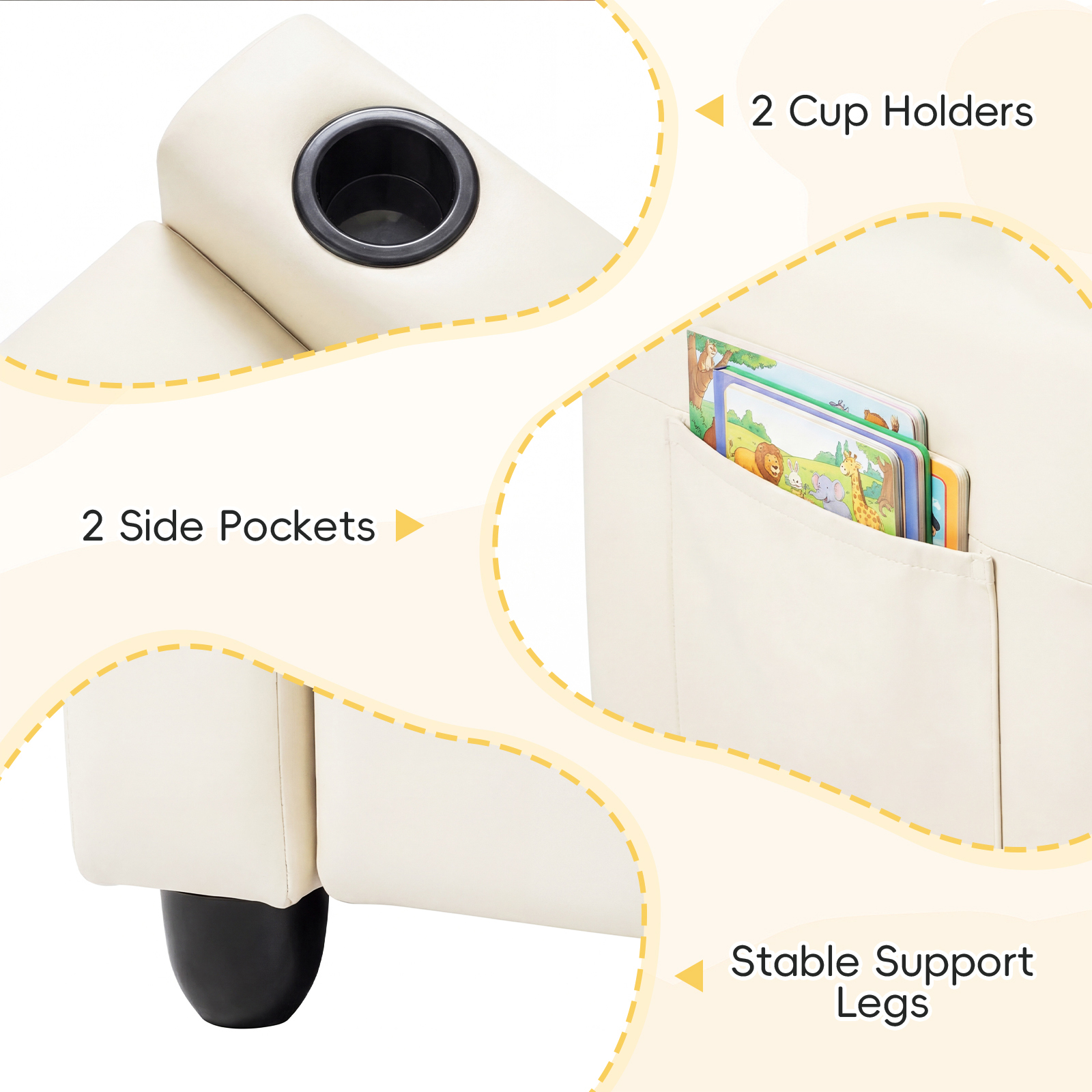 2-Seater Kids Recliner w/Cup Holders Side Storage Pockets Adjustable Backrest