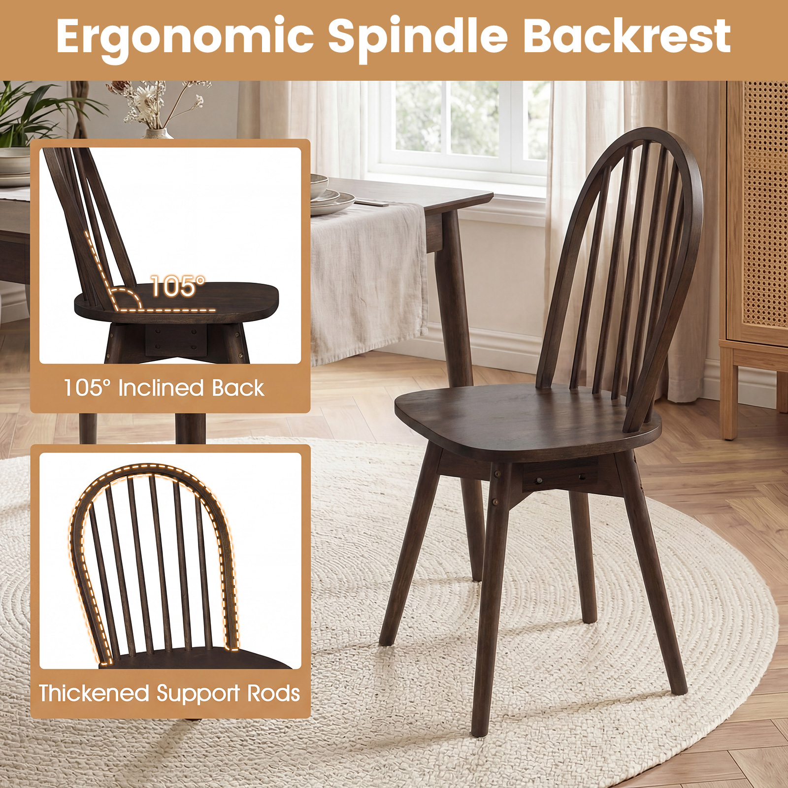 Swivel Dining Chairs Set of 2, Farmhouse Spindle Kitchen Chairs w/ Solid Rubber