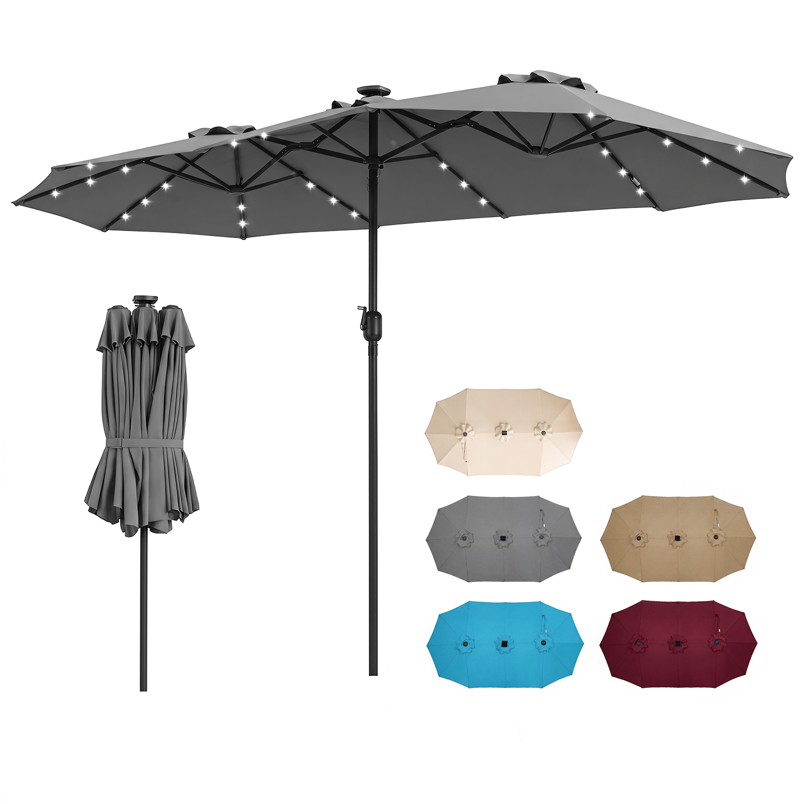 13 FT Double-Sided Patio Umbrella w/Solar Lights, 36 LED Lights, Crank  Handle | eBay