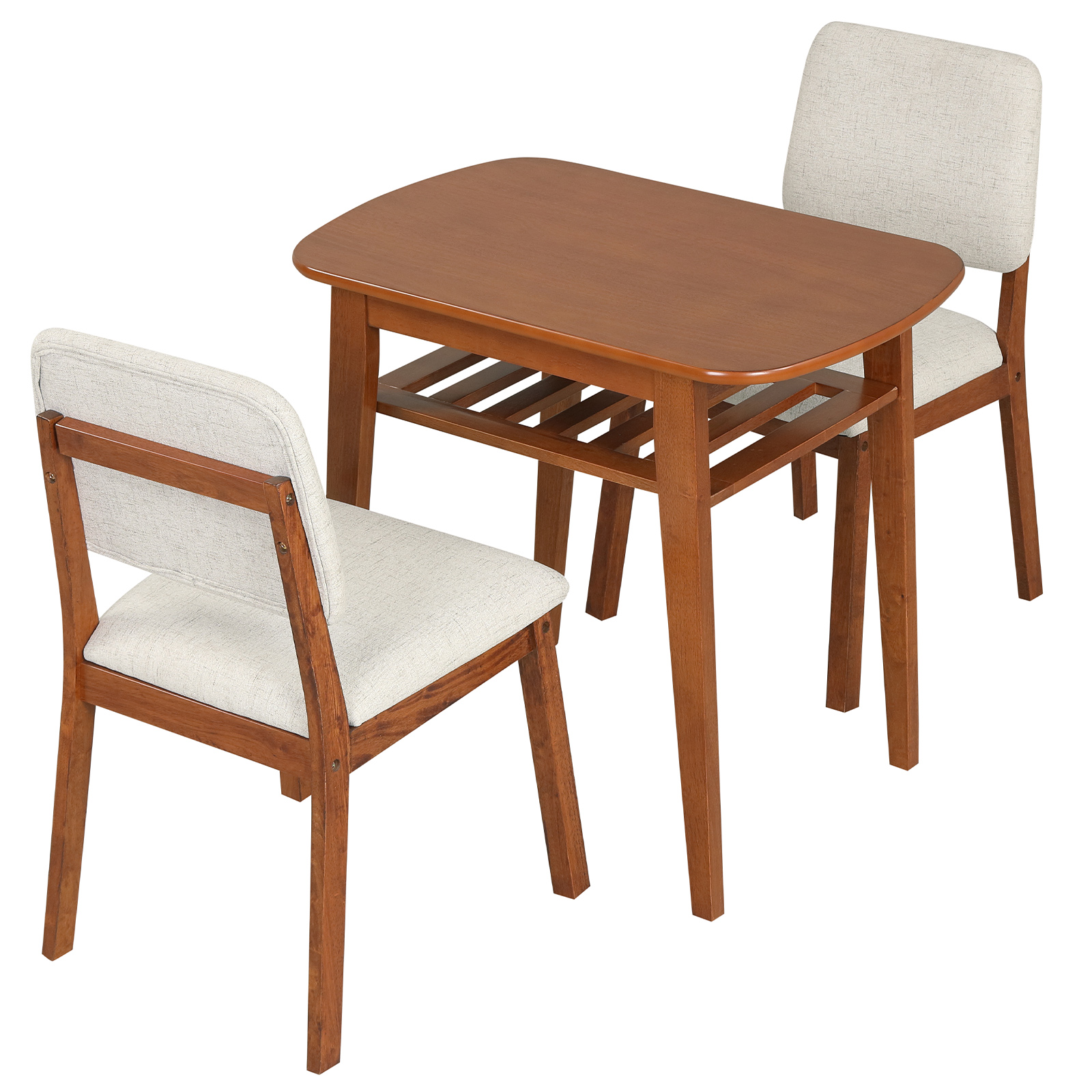 3-Piece Dining Table Set for 2, Solid Wood Kitchen Table w/Storage Rack & Chairs