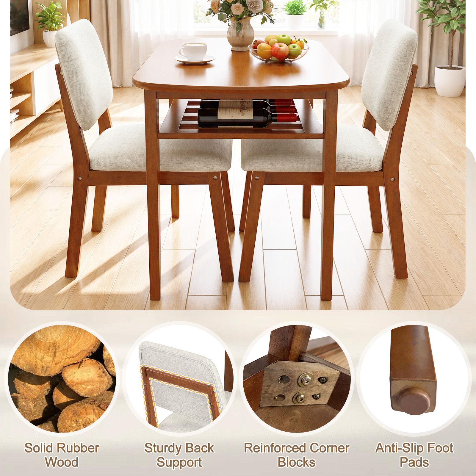 3-Piece Dining Table Set for 2, Solid Wood Kitchen Table w/Storage Rack & Chairs