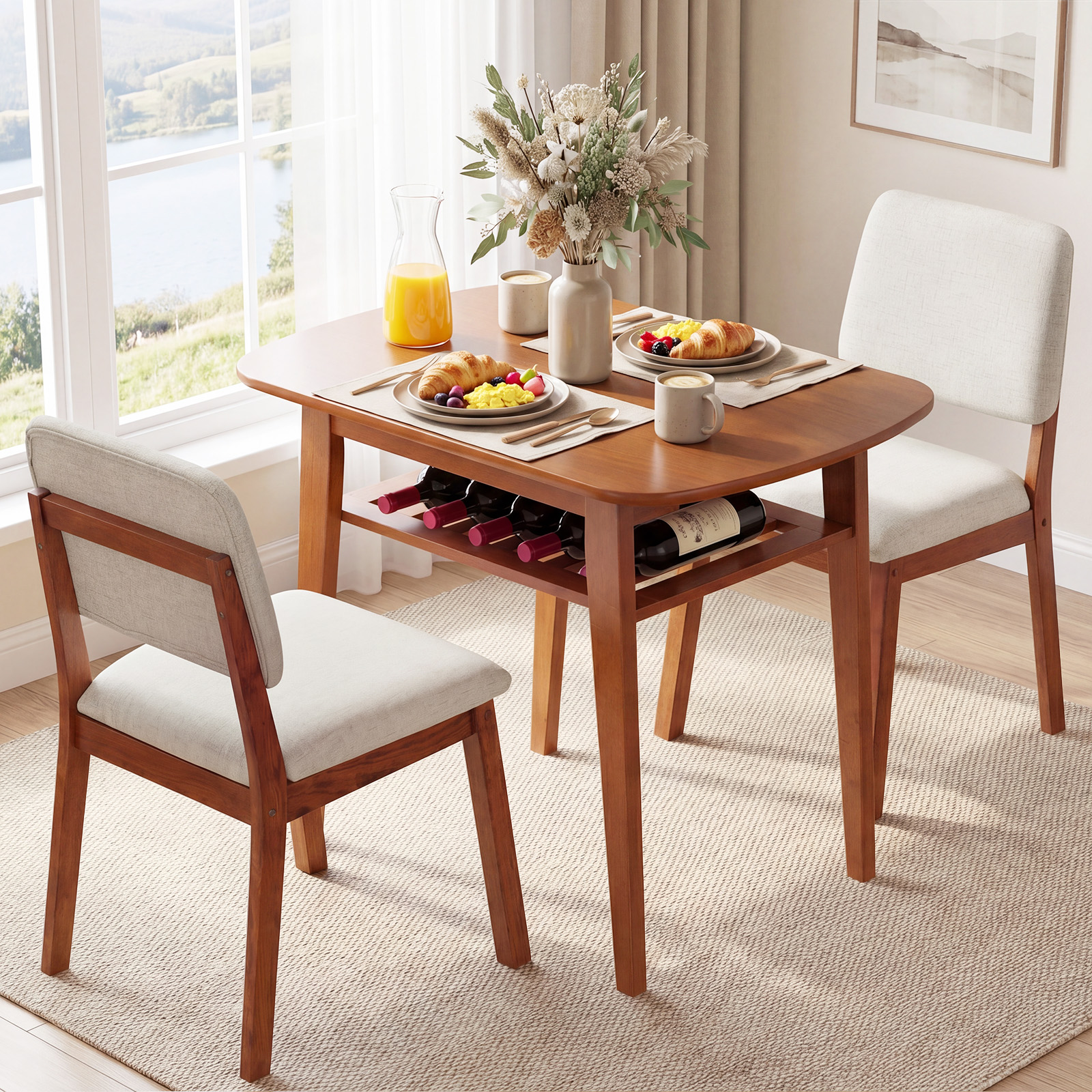 3-Piece Dining Table Set for 2, Solid Wood Kitchen Table w/Storage Rack & Chairs