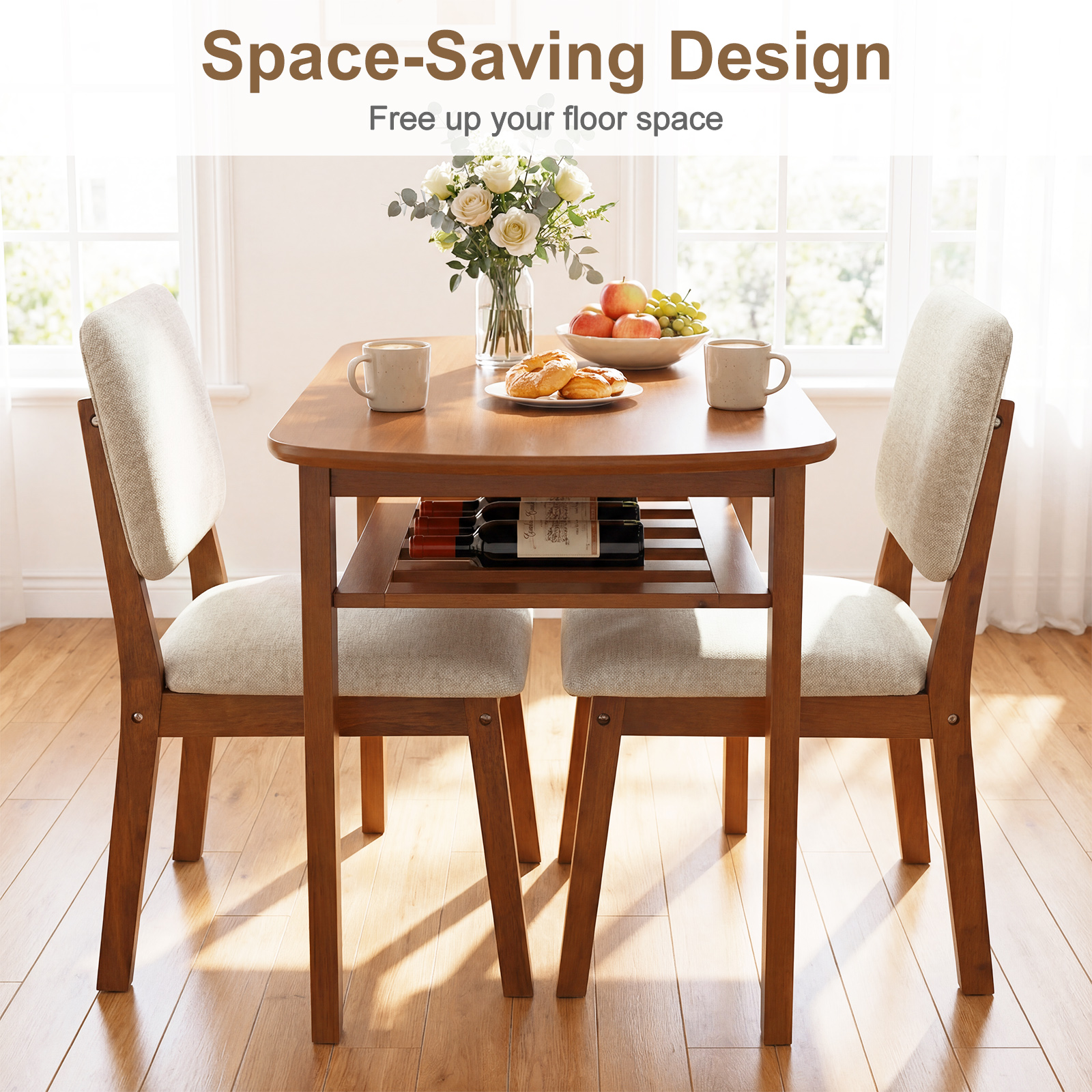 3-Piece Dining Table Set for 2, Solid Wood Kitchen Table w/Storage Rack & Chairs