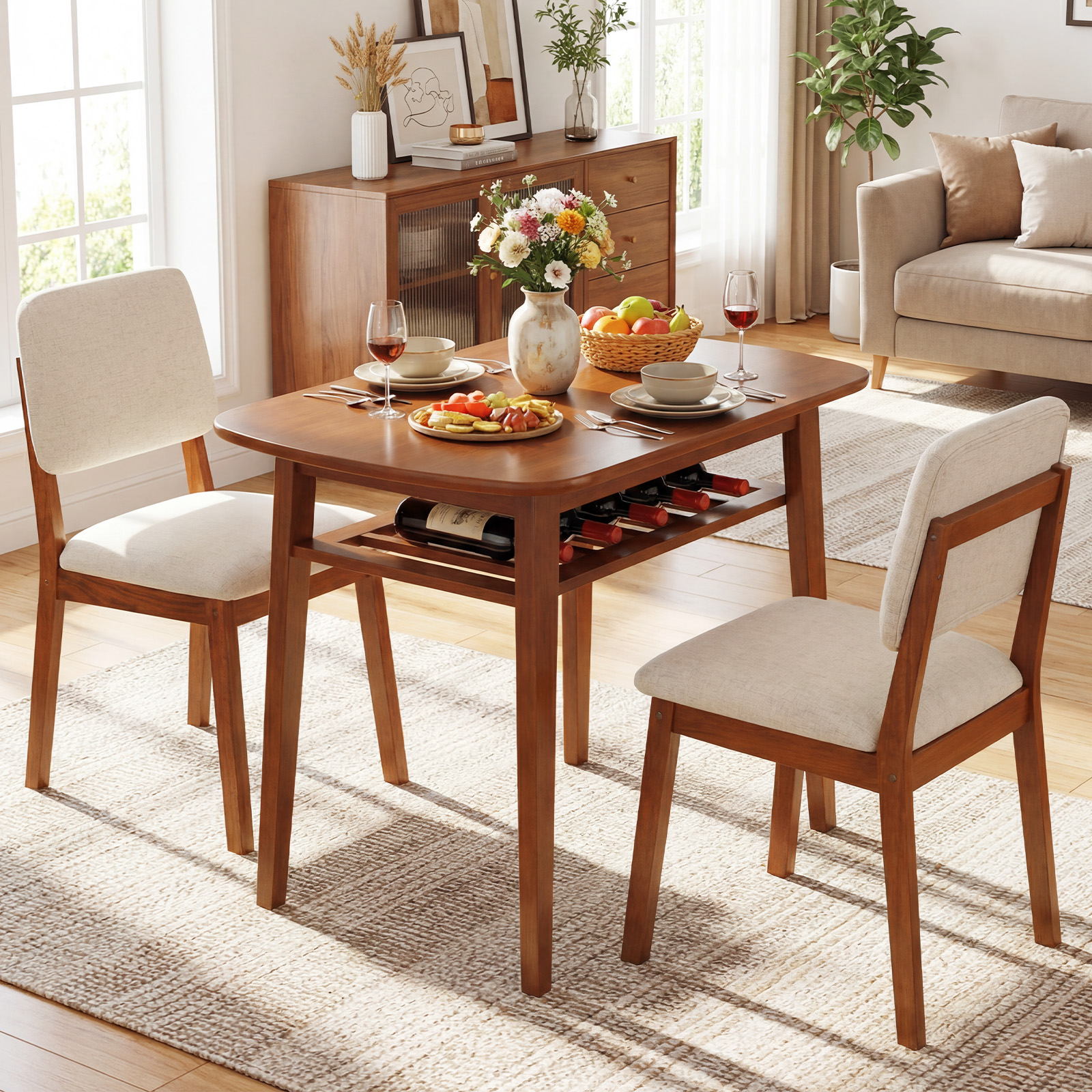 3-Piece Dining Table Set for 2, Solid Wood Kitchen Table w/Storage Rack & Chairs