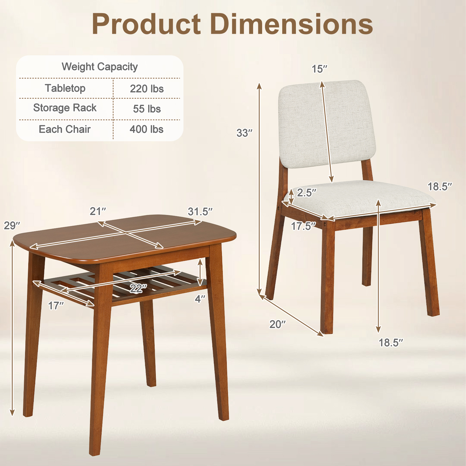 3-Piece Dining Table Set for 2, Solid Wood Kitchen Table w/Storage Rack & Chairs