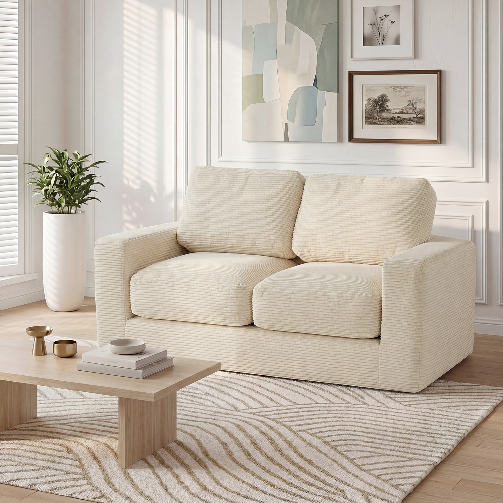 2-Seater Floor Couch, Loveseat Foam Sofa w/Removable Corduroy Cover,No Assembly