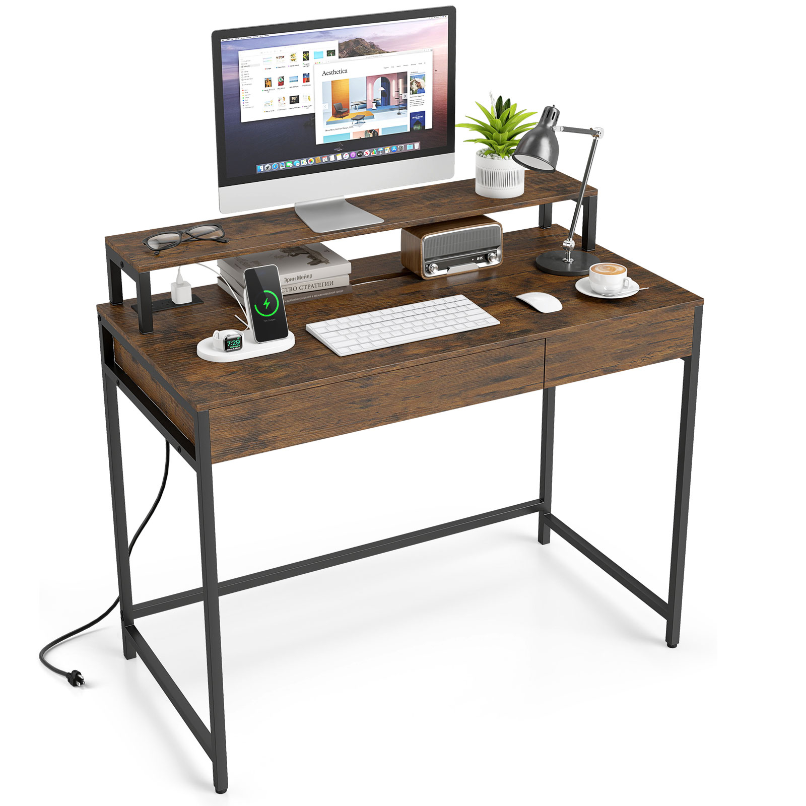 Computer Desk with Power Outlets, Compact Office Desk w/Removable Monitor Shelf
