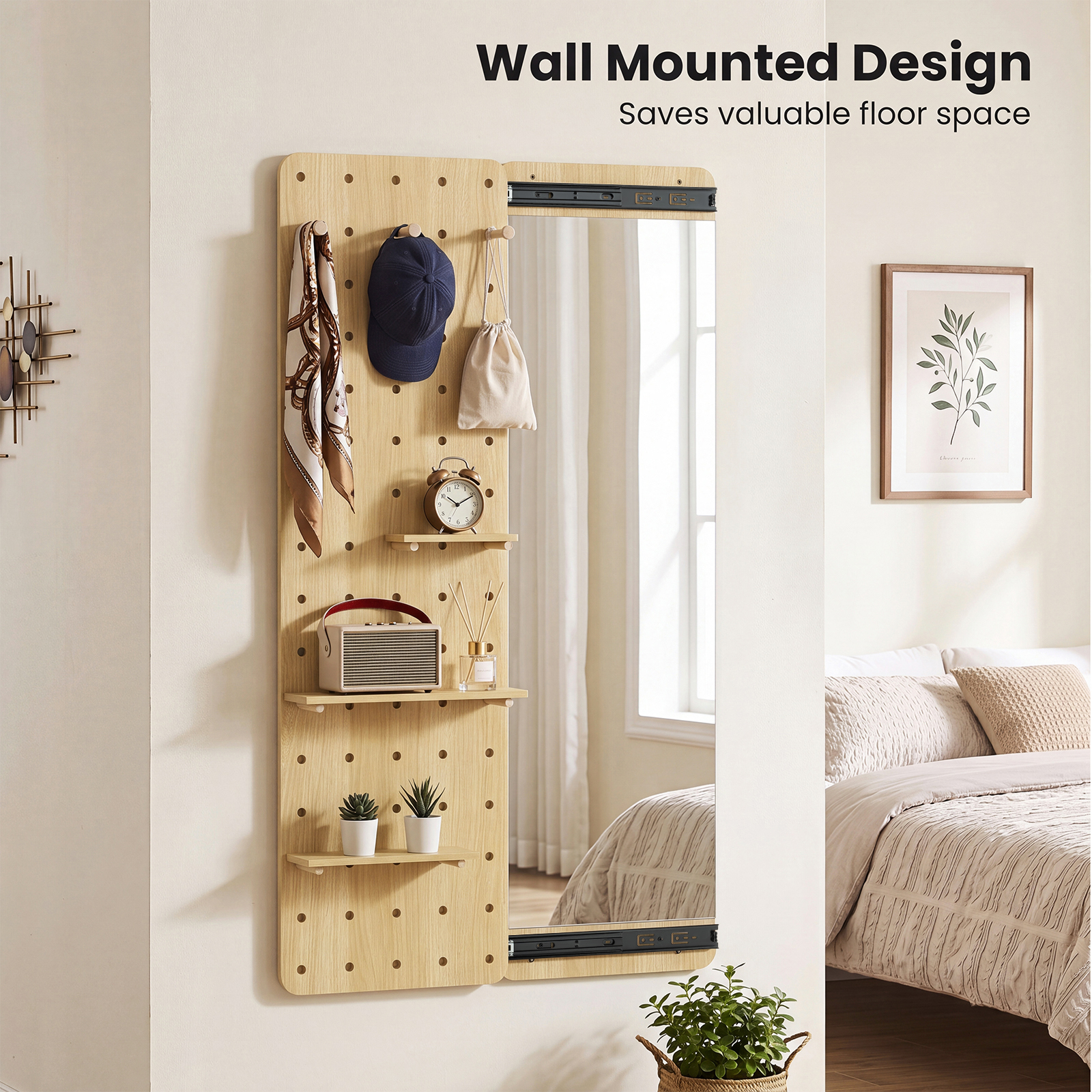 Solid Wood Full Length Mirror & Pegboard Storage Organizer w/Sliding Pegboard