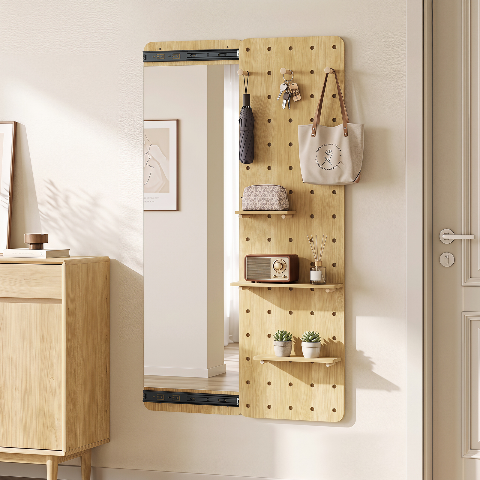 Solid Wood Full Length Mirror & Pegboard Storage Organizer w/Sliding Pegboard