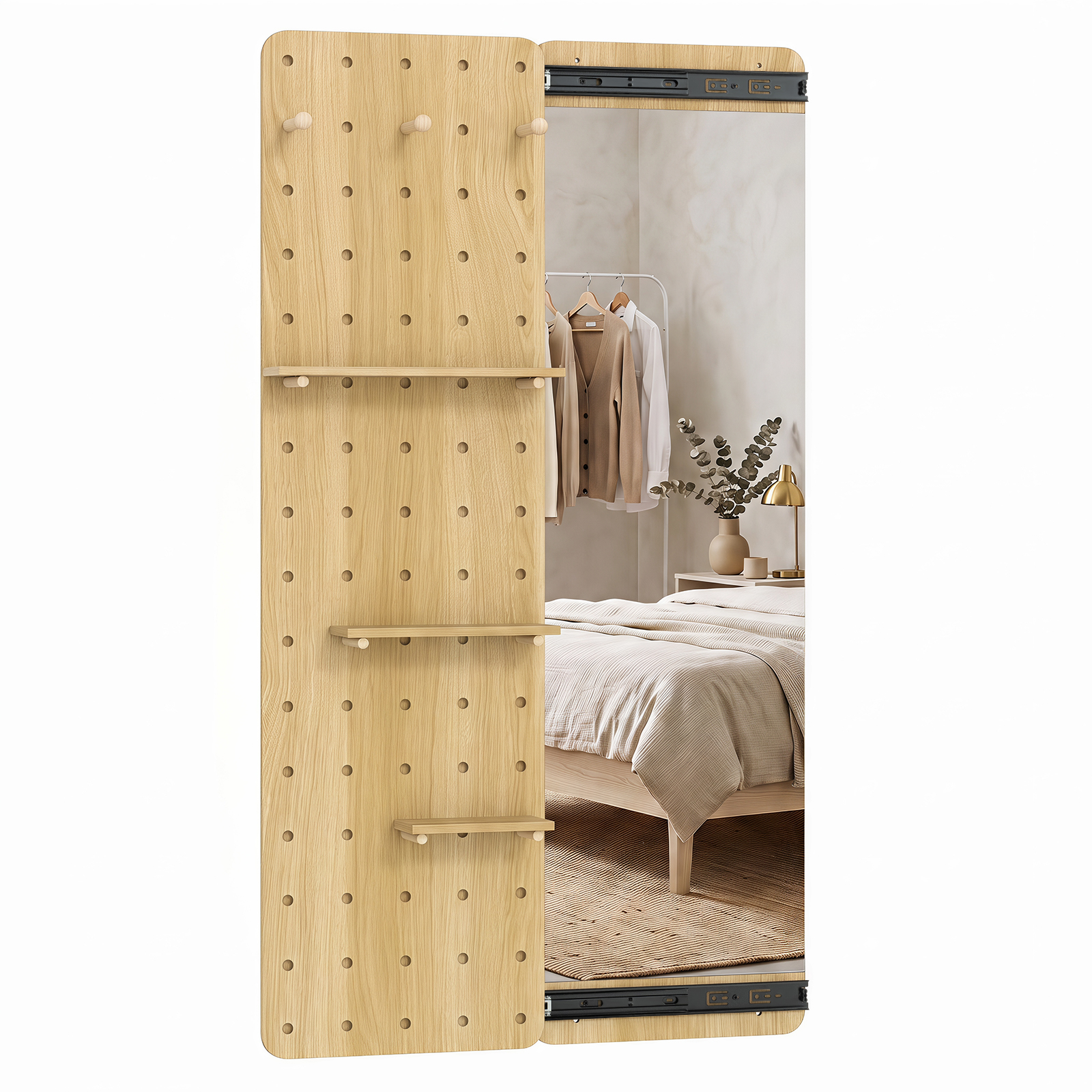 Solid Wood Full Length Mirror & Pegboard Storage Organizer w/Sliding Pegboard