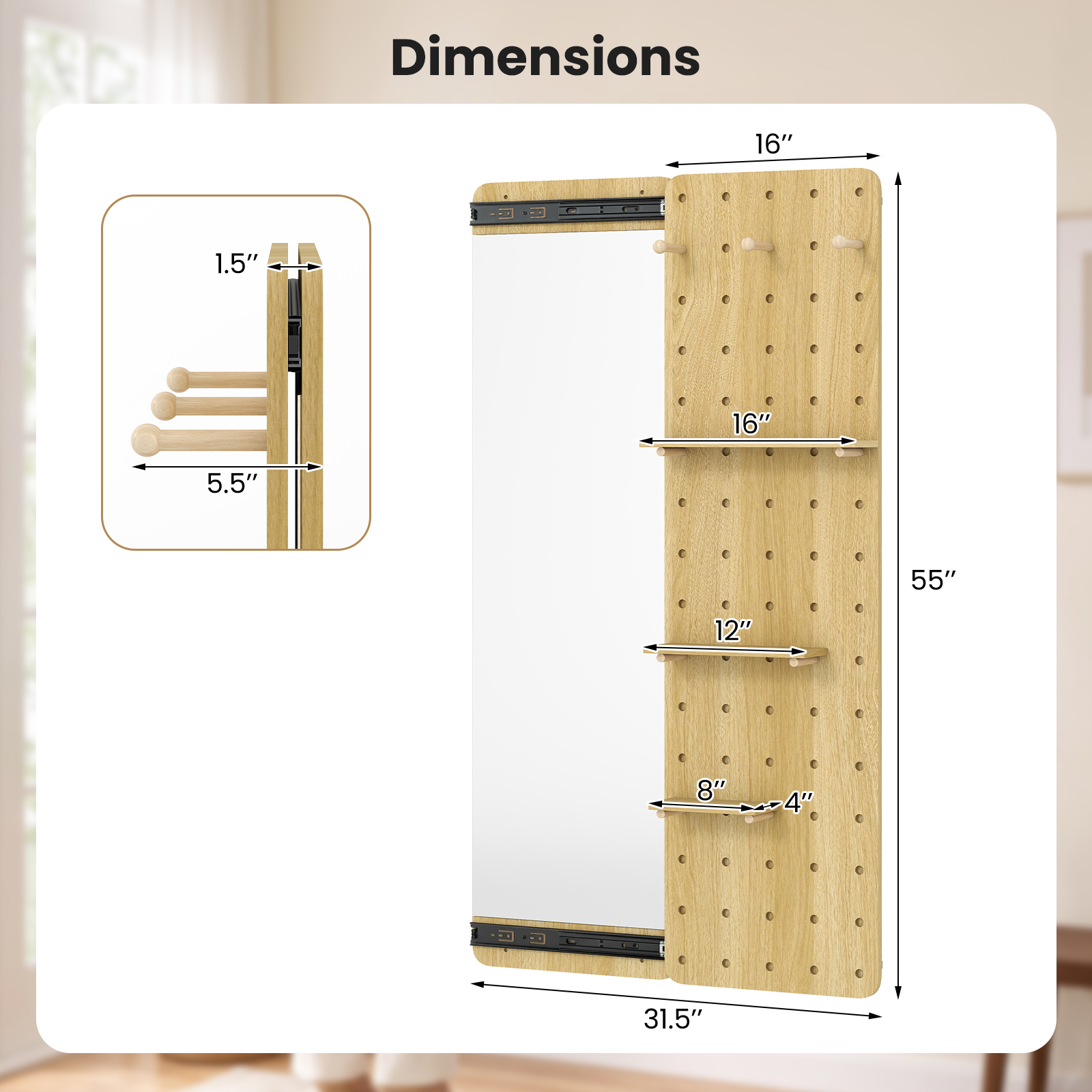 Solid Wood Full Length Mirror & Pegboard Storage Organizer w/Sliding Pegboard