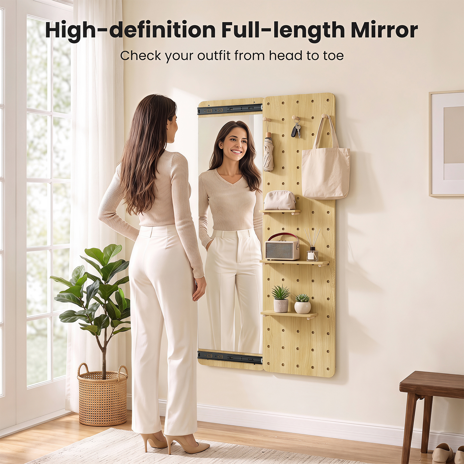 Solid Wood Full Length Mirror & Pegboard Storage Organizer w/Sliding Pegboard