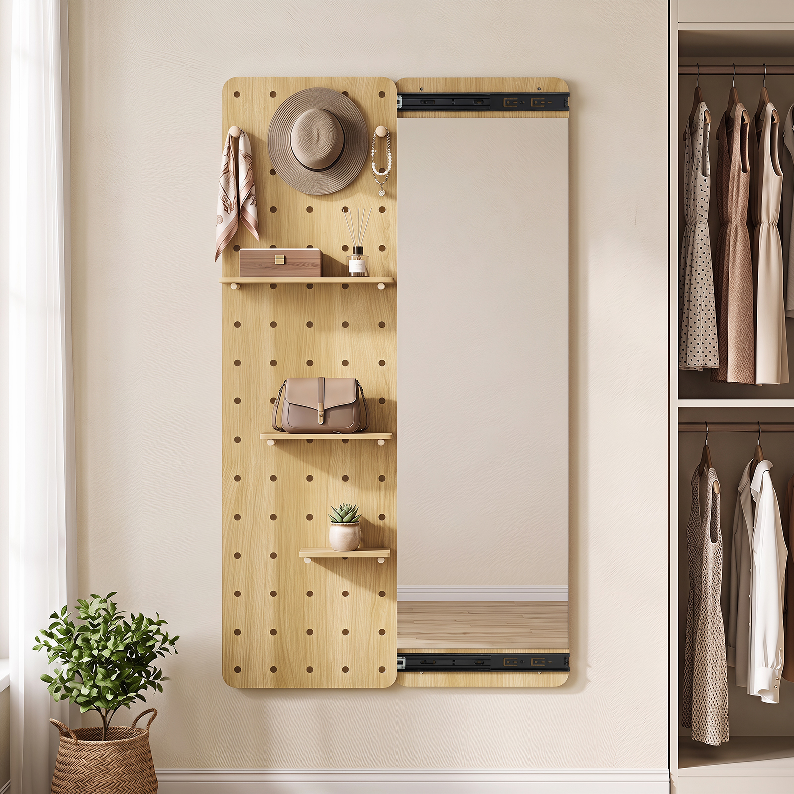 Solid Wood Full Length Mirror & Pegboard Storage Organizer w/Sliding Pegboard