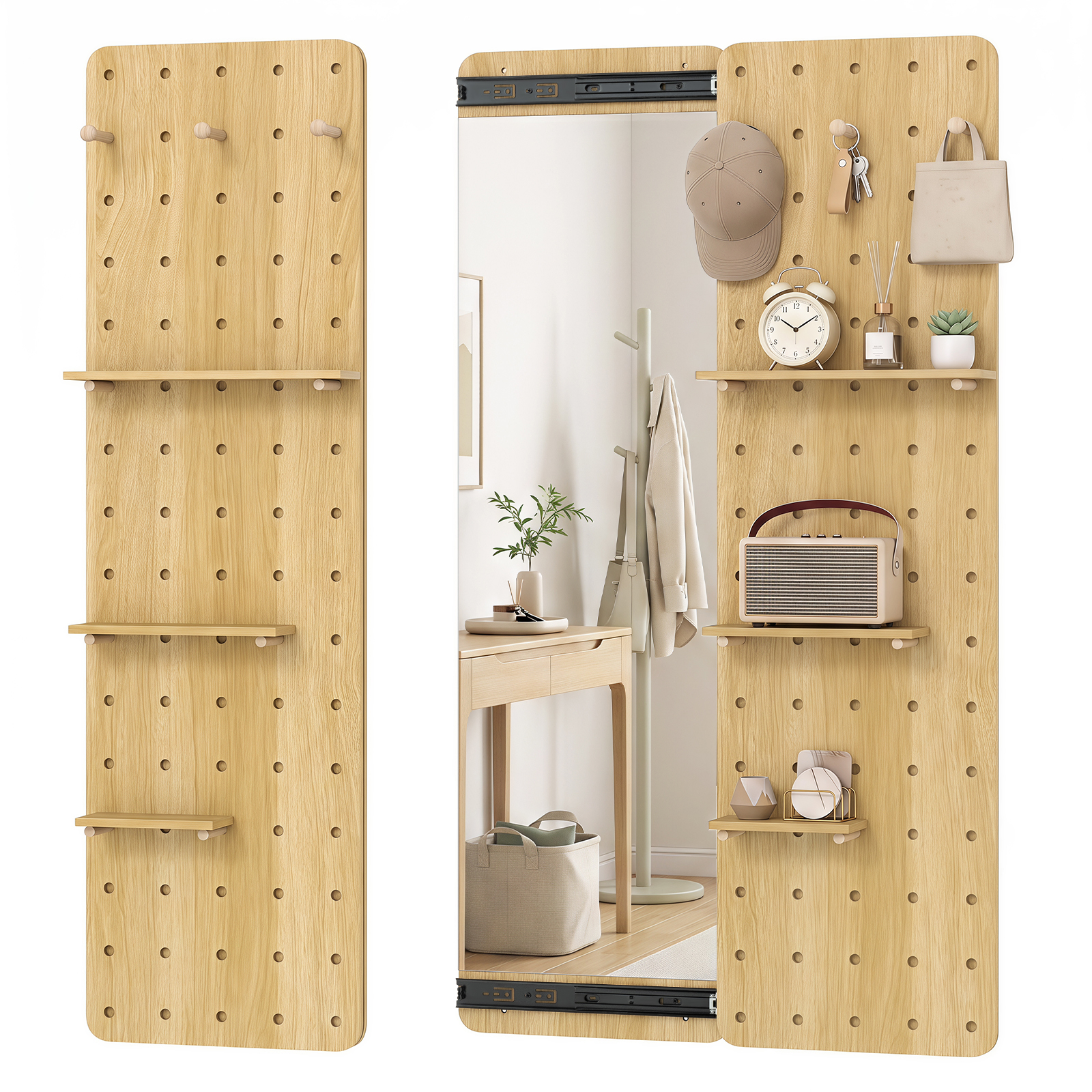 Solid Wood Full Length Mirror & Pegboard Storage Organizer w/Sliding Pegboard