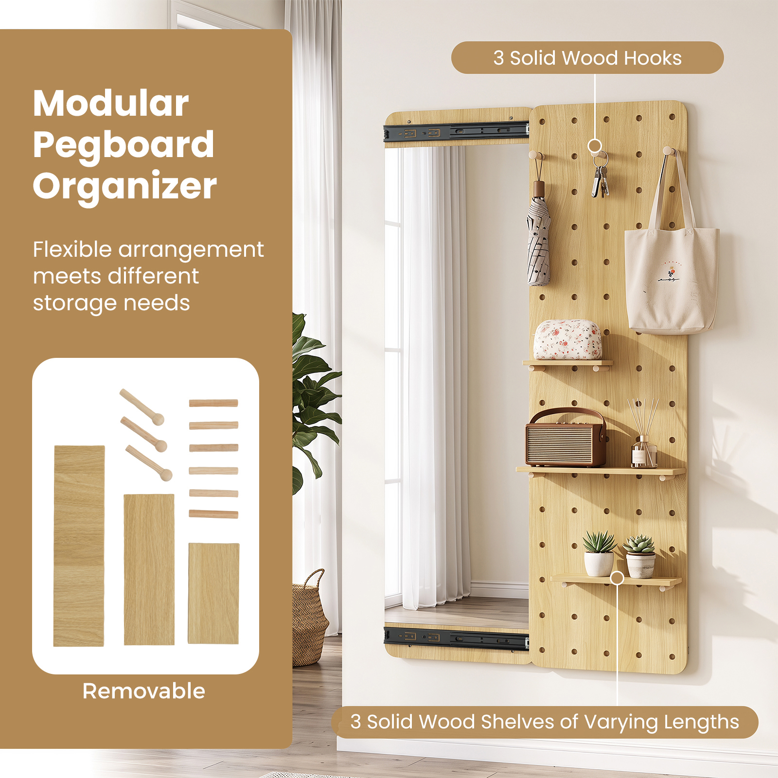 Solid Wood Full Length Mirror & Pegboard Storage Organizer w/Sliding Pegboard